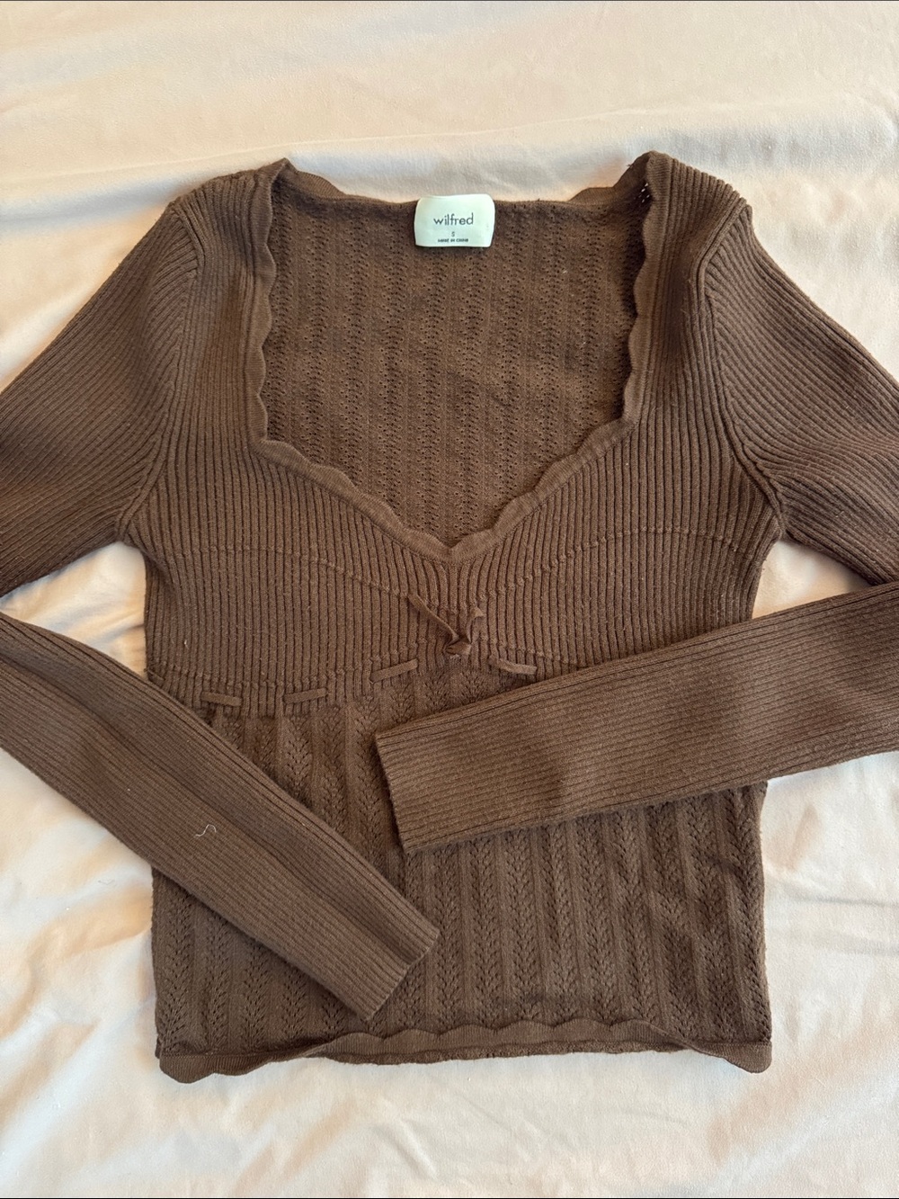 Wilfred Chocolate Brown Scalloped V-Neck Ribbed Sweater